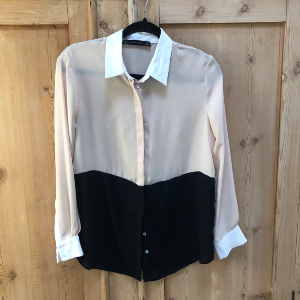ZARA BASIC Color Block  Black Tan White Blouse Size Small